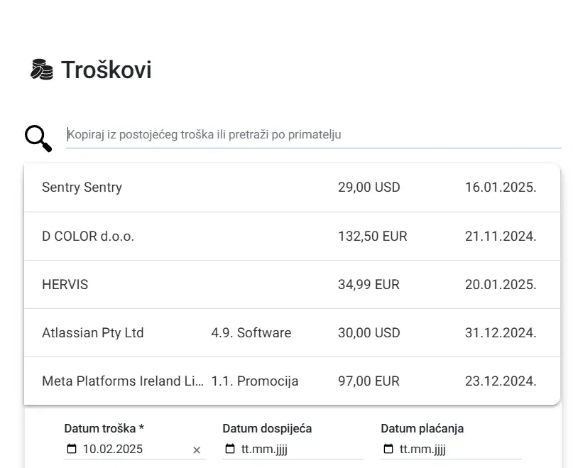 Kopiranje troška jednom klikom