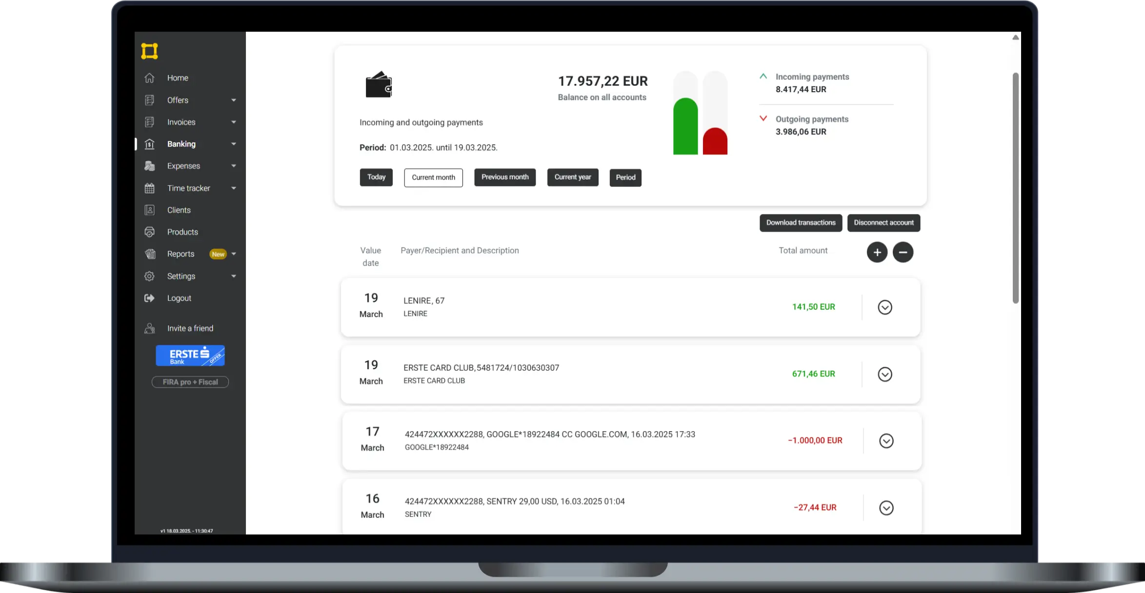 Overview of bank transactions