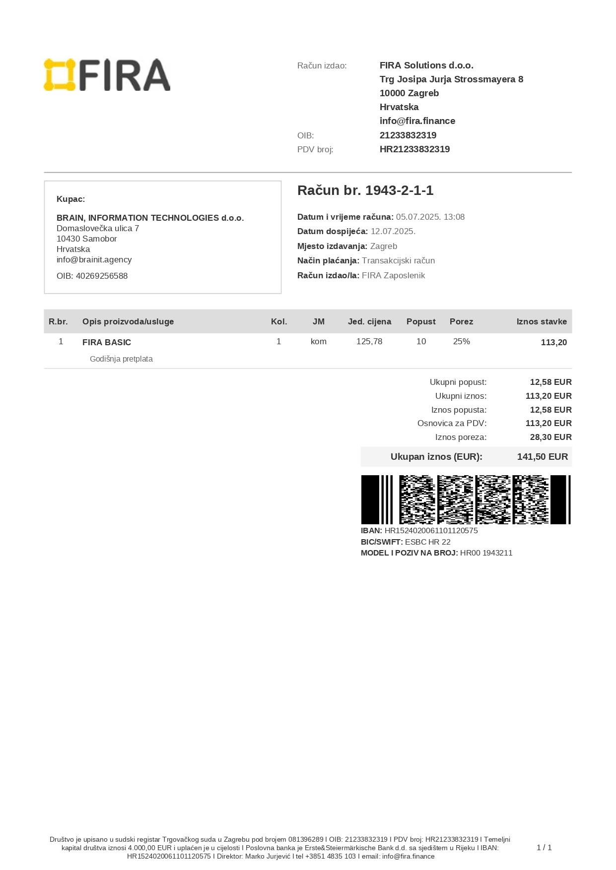 Sample FIRA invoice with a payment barcode
